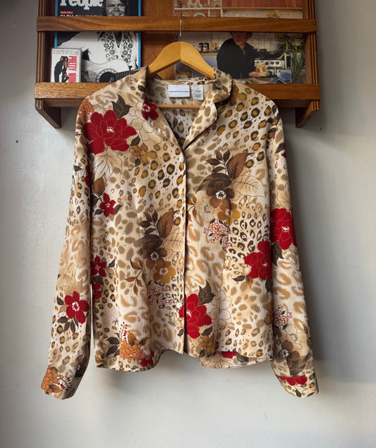 Vintage Leopard and Floral Print Long Sleeve Button Up