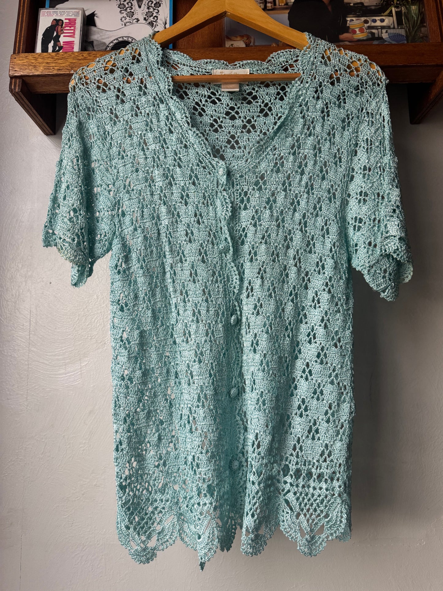 Vintage Crocheted Short Sleeve Button Up Cardigan